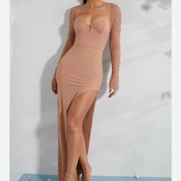 Oh Polly San Marino Embellished Side Slit Maxi Dress In Beige - Picture 1 of 13